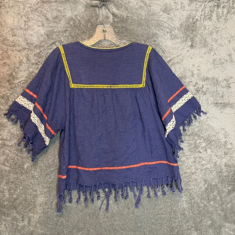 Rocks Indigo Women Boho Peasant Top M Festival Boxy Cropped Tasseled Fringe - Picture 3 of 12